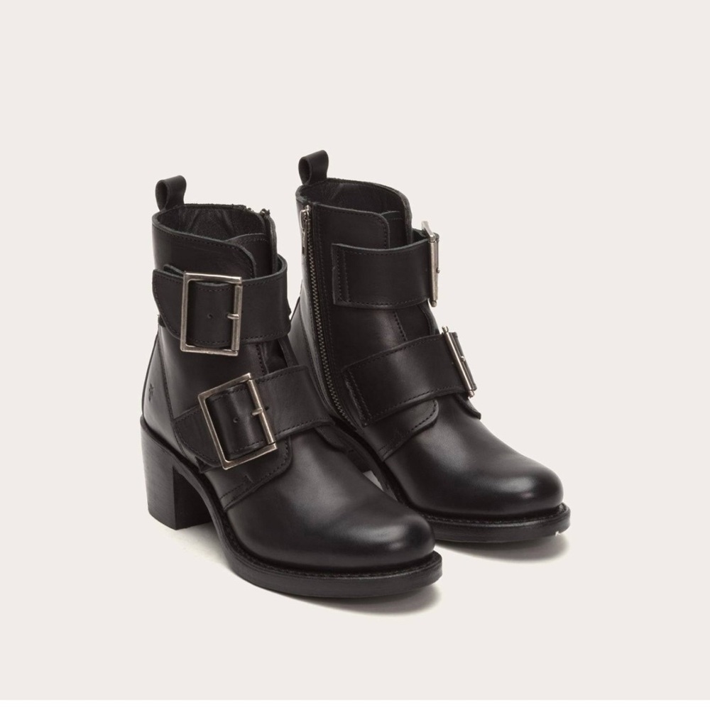 Frye Sabrina Double Buckle Black Heeled Boots Size 8